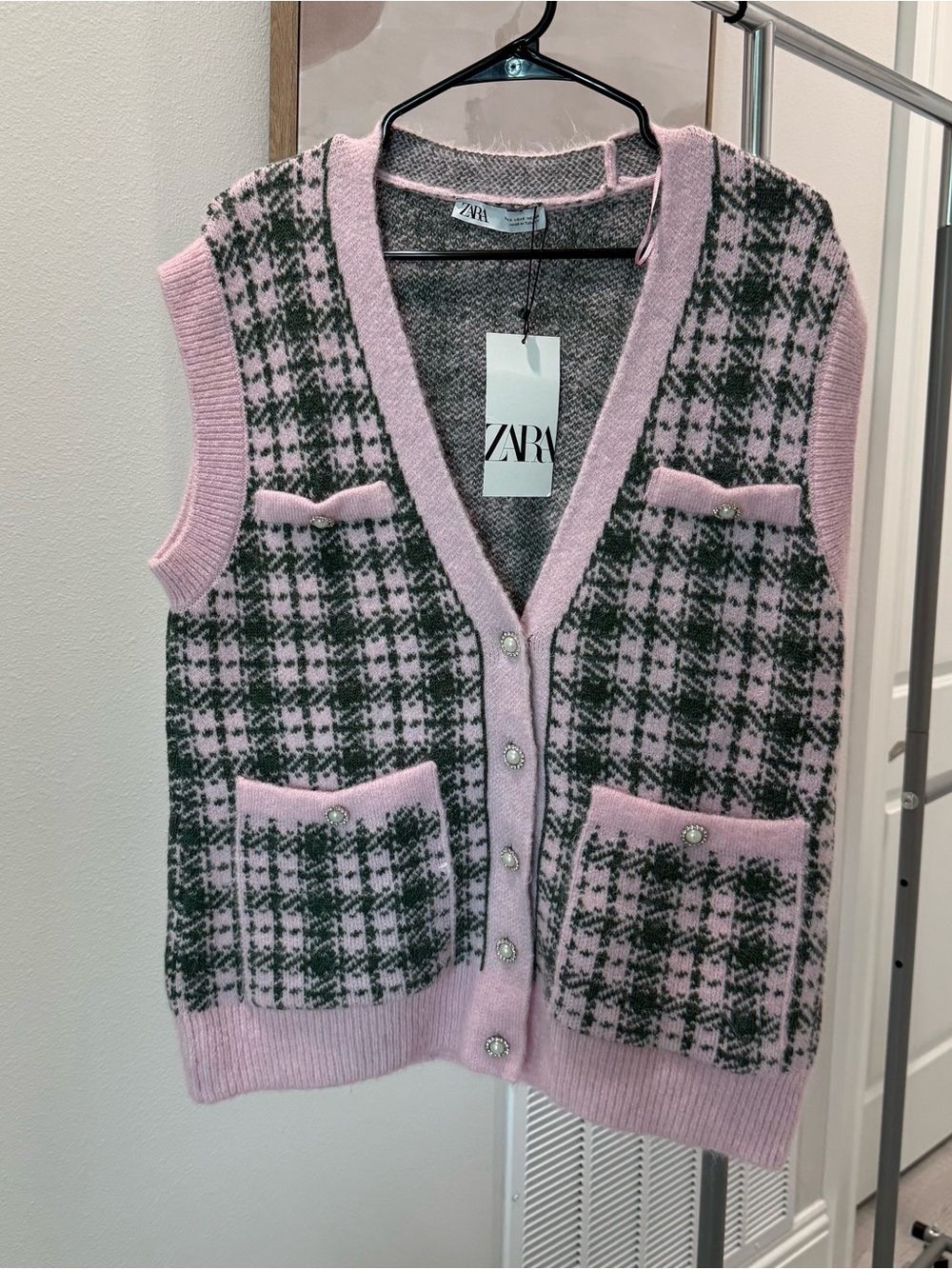 Zara Pink and Green Plaid Knit Vest with Pearl Buttons